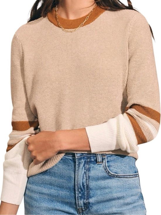 Faherty Sweaters - FAHERTY Throwback Crew Neck Waffle Knit Sweater in Tan Oat Varsity Stripe Small